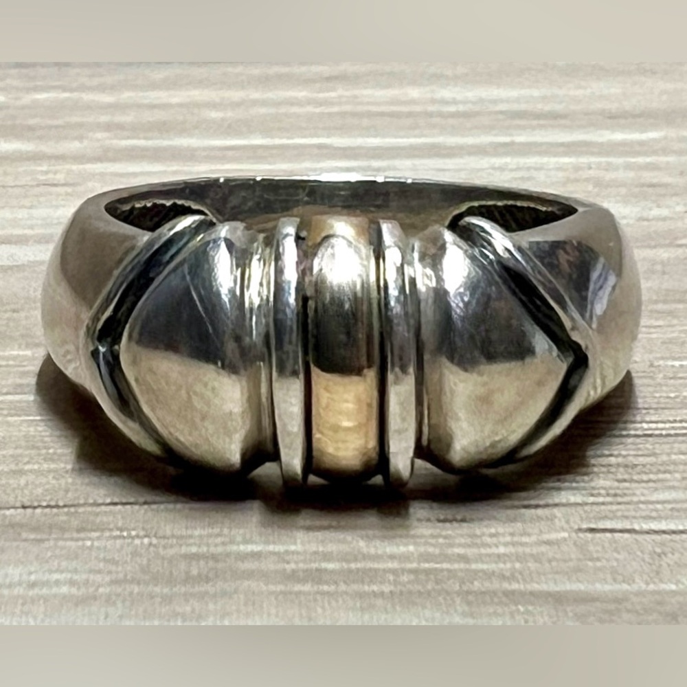 Designer Signed JA Sterling Silver & 18K Yellow Gold Accented Band Ring, Size 6 - Picture 3 of 11